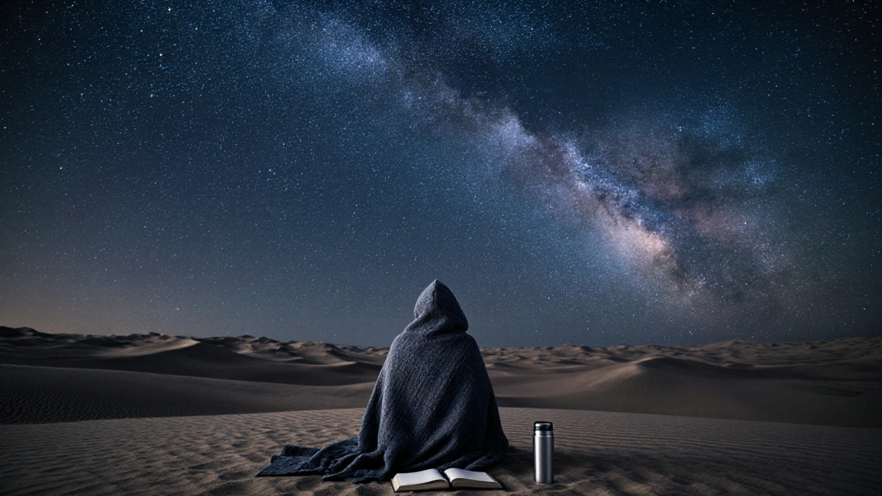 A solitary figure under a star-filled desert sky, wrapped in a blanket, with a journal and thermos nearby.