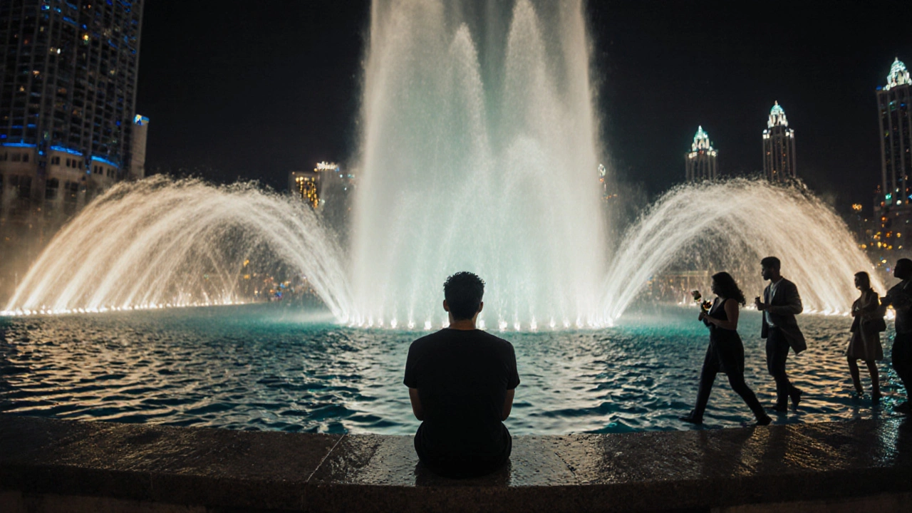 A solitary man sits on a stone bench beside the Dubai Fountain, drenched and still, as towering water arcs glow behind him in twilight hues.