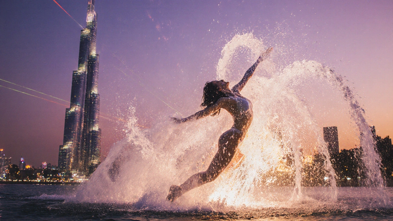 Abstract water jets and laser lights form flowing, body-like shapes in the air, glowing with vibrant colors against a twilight skyline.