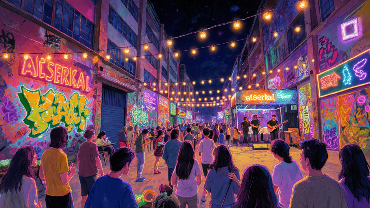 Alserkal Avenue nightlife with neon art, live music, and crowds.