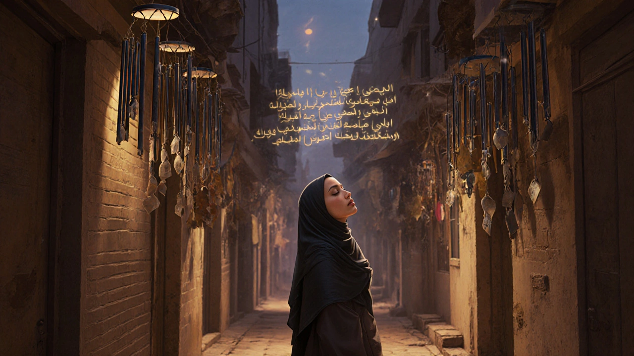 An ambient sound installation in Alserkal Avenue at night, with metal wind chimes casting soft shadows under dim lighting.