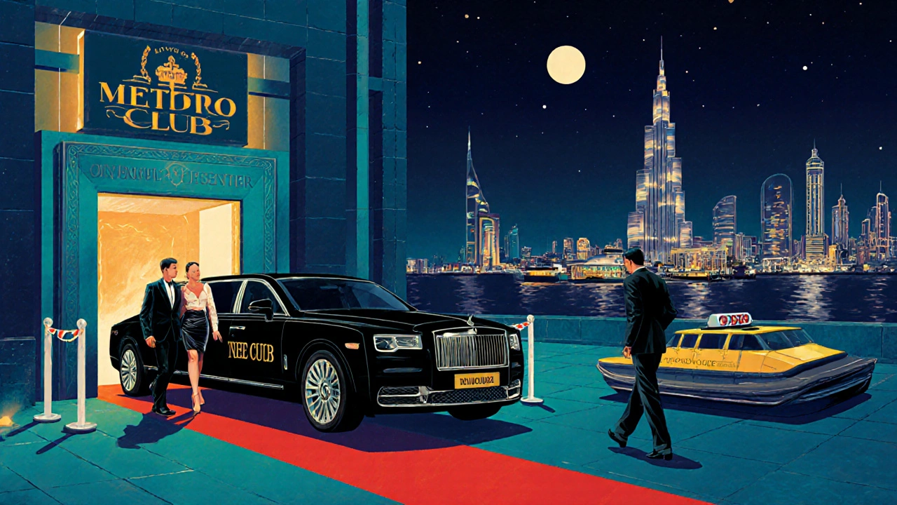 Couple exiting a limousine, entering the club area, and heading to a rooftop bar near Burj Khalifa.