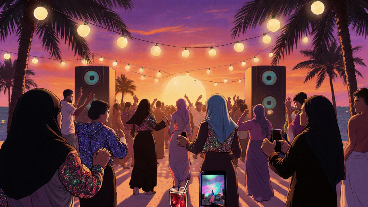 Crowd dancing at a beach club at sunset with string lights and palm trees, diverse styles of clothing.
