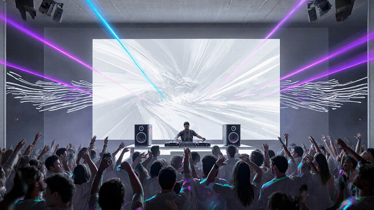 Crowd dancing under a 65‑ft LED wall with DJ and laser lights inside White Dubai.