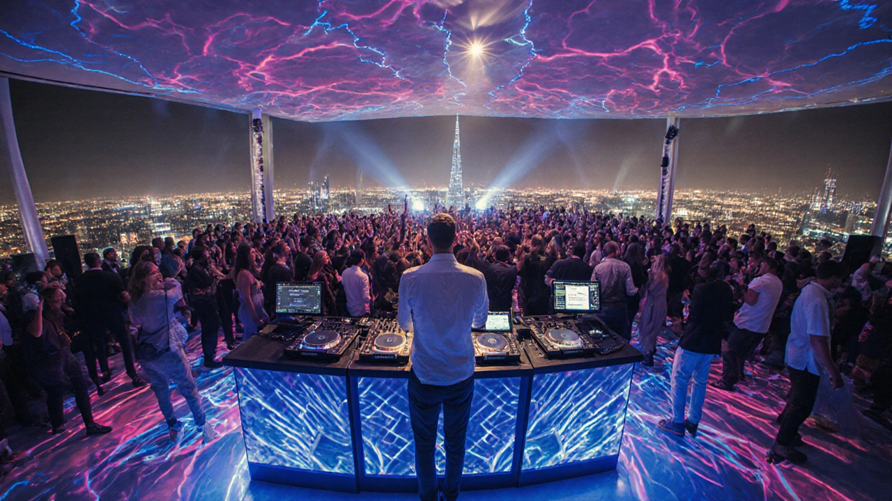 Crowded rooftop dance floor at White Dubai with LED lights and Burj Khalifa view.