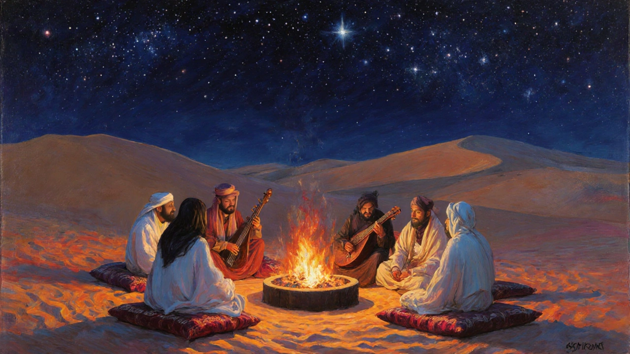 Desert camp at night with fire, oud player, and stargazing guests.
