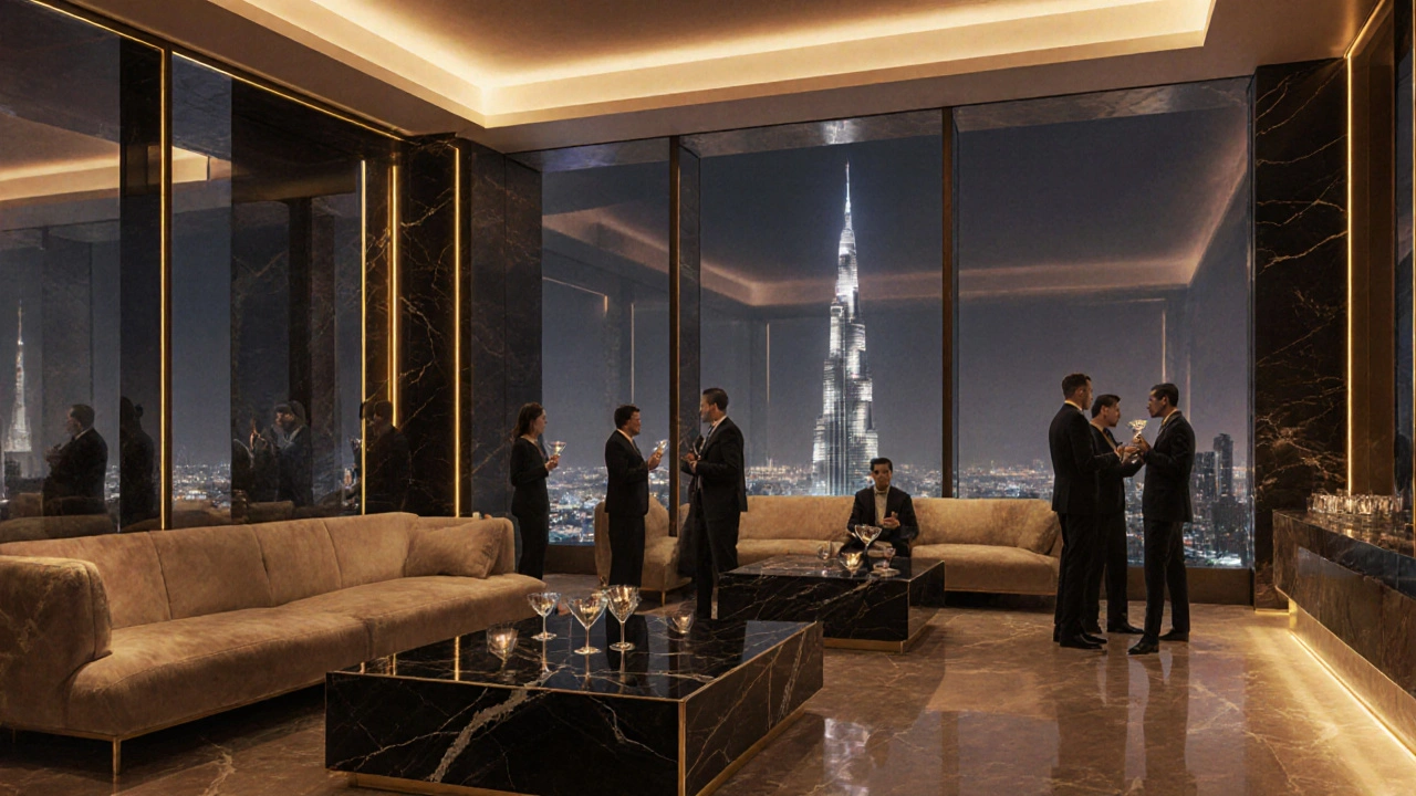 Elegant minimalist lounge of Armani/Privé with dressed guests networking.