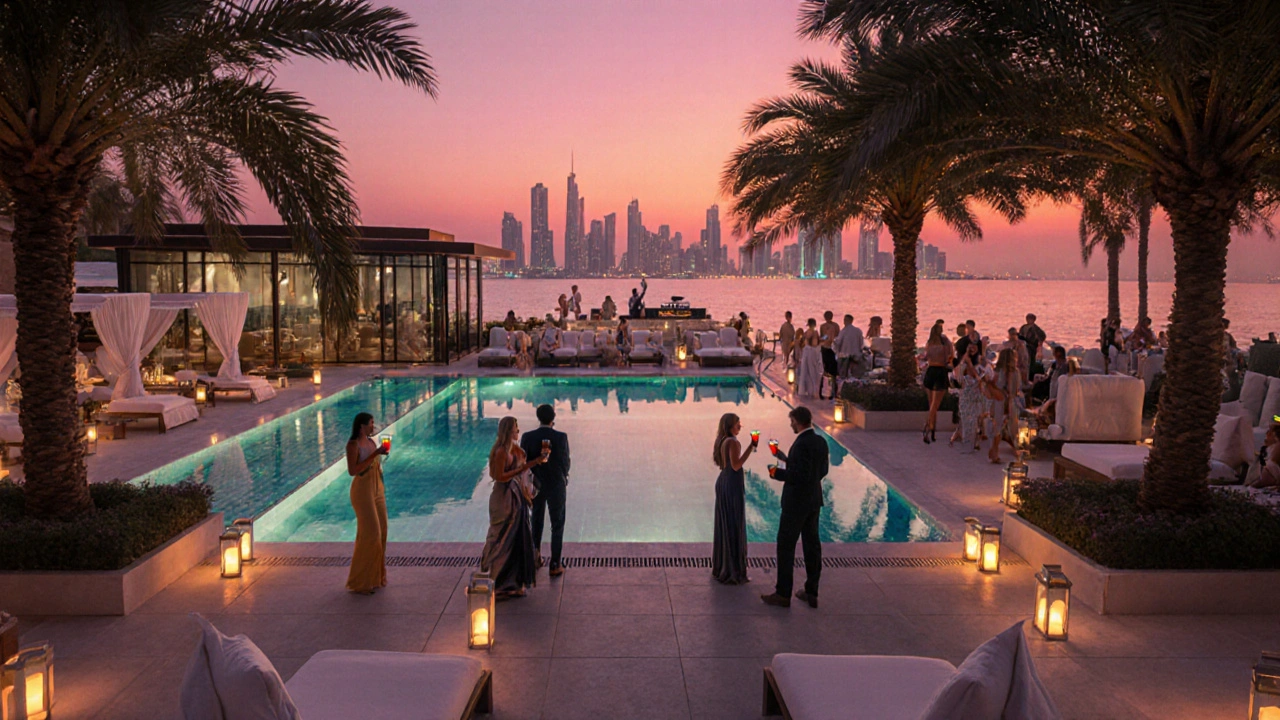 Evening at Nikki Beach Dubai showing pool, cabanas, guests with cocktails and a DJ against sunset skyline.