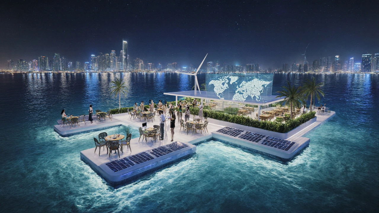 Futuristic floating beach club with solar panels, AR displays, eco‑friendly furniture on night water.