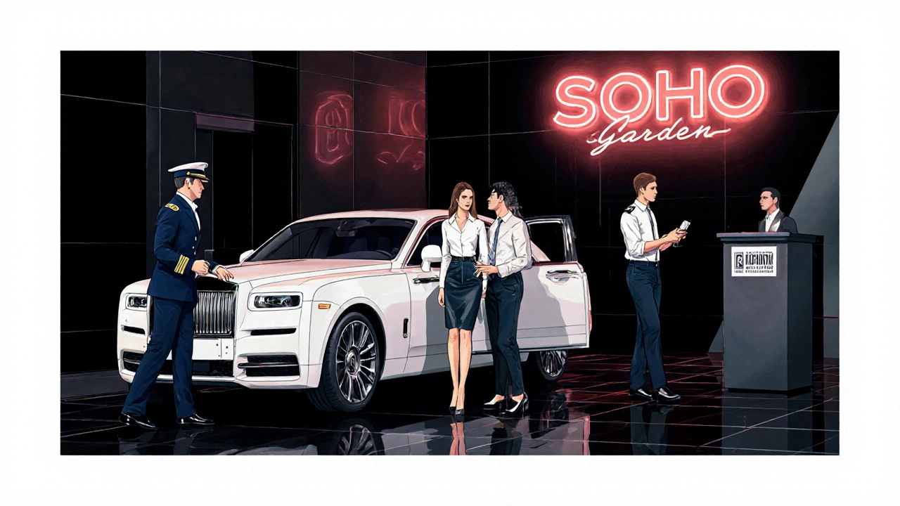 Guests arriving from a Rolls‑Royce, escorted by security at the club entrance.