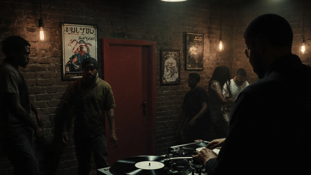 Hidden underground bar with red door, dim lighting, and a DJ playing vinyl in a gritty basement.