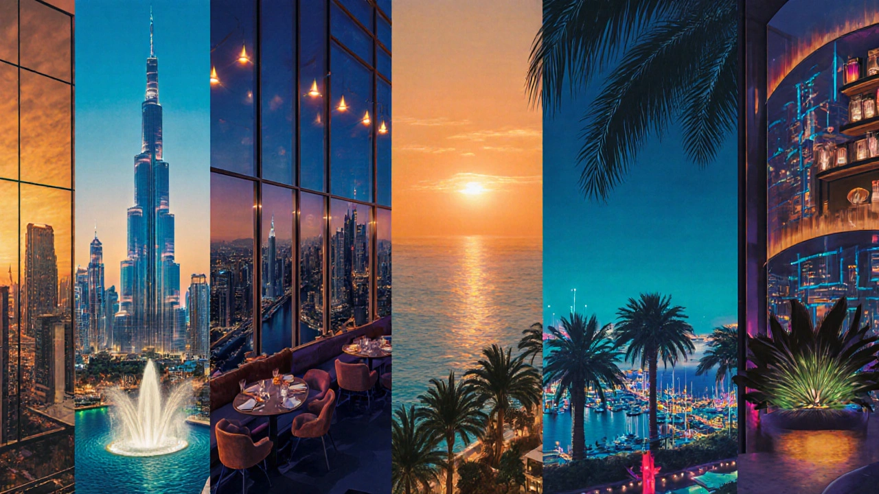 Illustrated panorama showing five Dubai rooftop bars with their unique views.