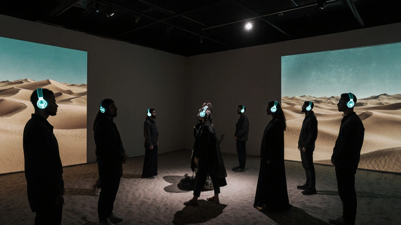 Indoor silent disco meditation with headphones and desert-inspired visuals at an art warehouse.