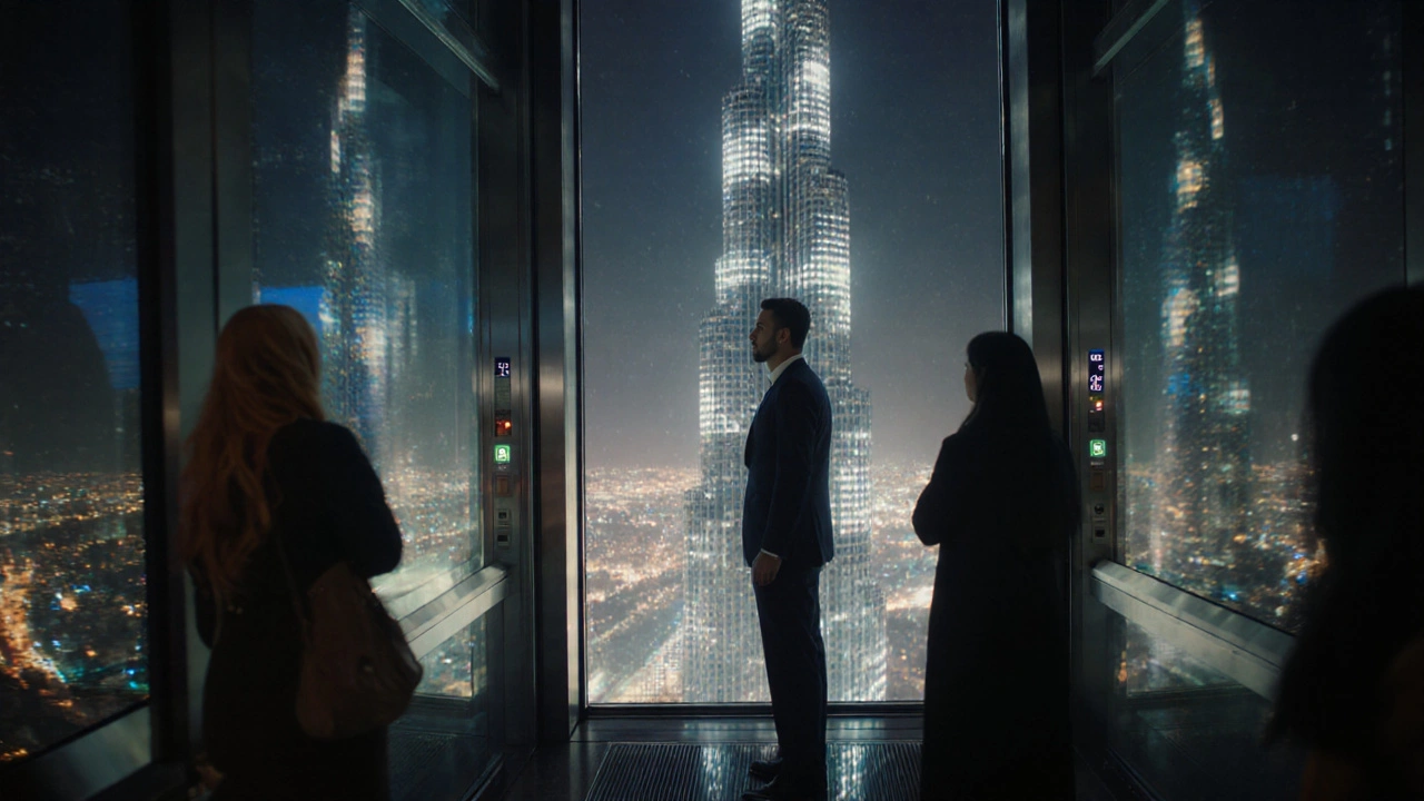 Inside a high-speed elevator ascending Burj Khalifa at night, reflections of city lights on glass walls.