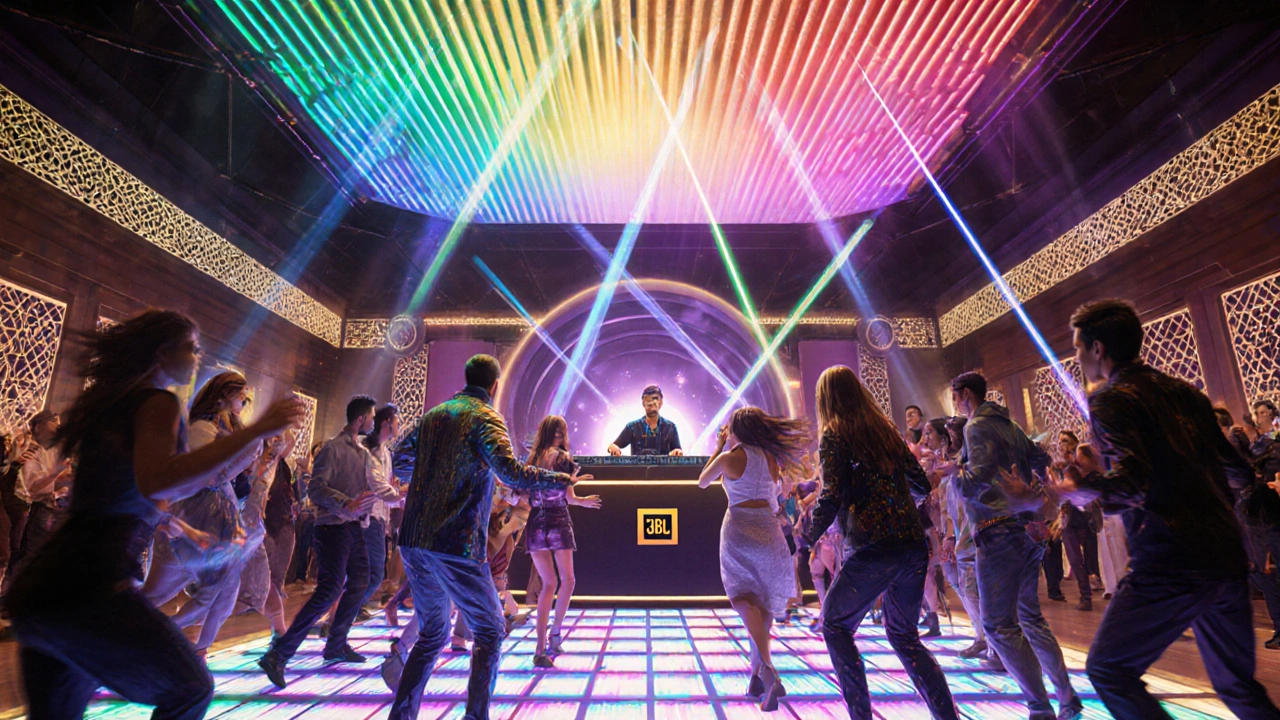 Inside BASE club showing DJ, LED ceiling, laser beams and dancing crowd.