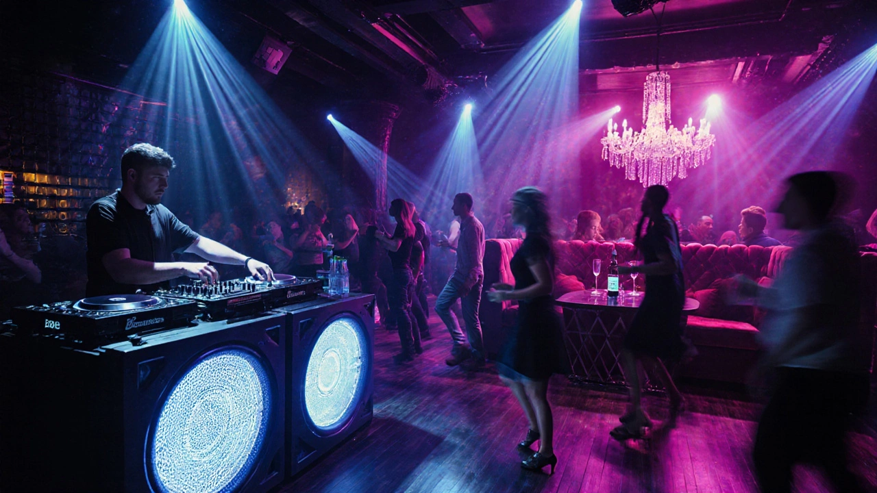 Inside BASE Dubai, DJ at console, vibrant lasers, and a VIP lounge with champagne.