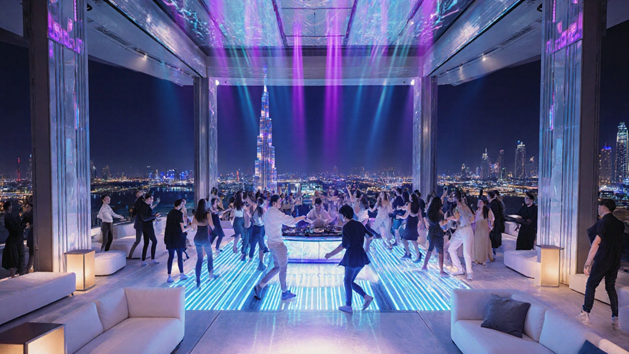 Interior dance floor with neon lights, DJ booth and terrace view of Burj Khalifa.