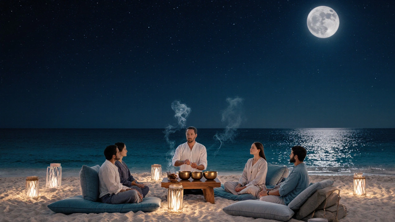 Nighttime beach sound bath with crystal bowls, moonlit waves, and aromatic smoke.
