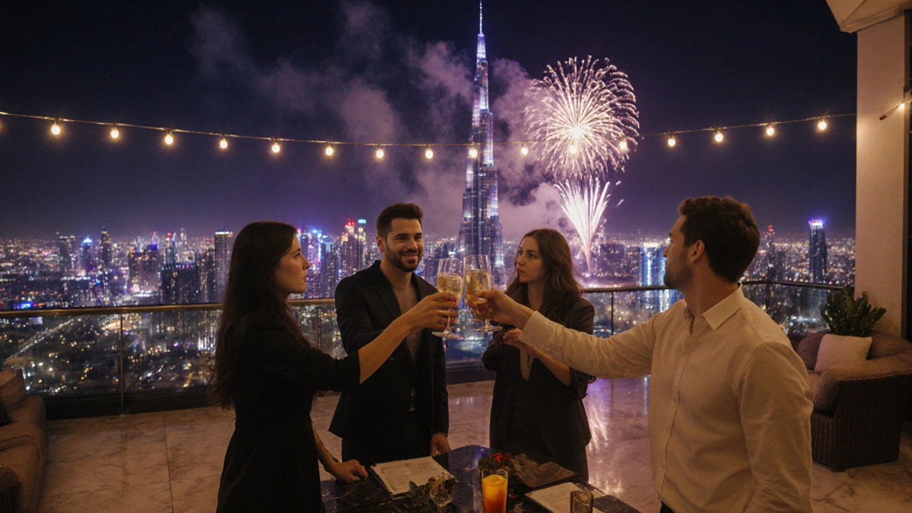 Nighttime rooftop celebration with friends, cocktails, and fireworks over Dubai.