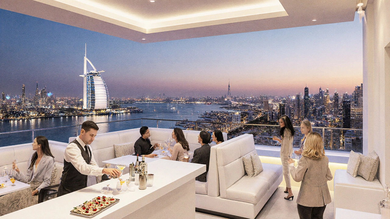 Rooftop lounge with cocktails, canapés, and Marina night view at White Dubai.