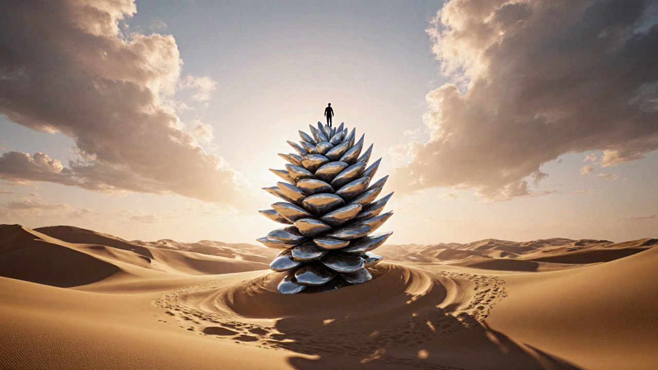 The Burj Khalifa imagined as a giant desert flower spiraling into the clouds, with a tiny human on top.