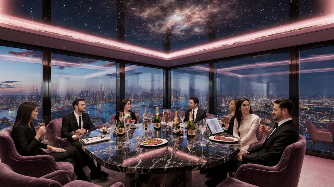 VIP skybox interior with LED ceiling, Dom Pérignon bottles, and gourmet sushi plates.