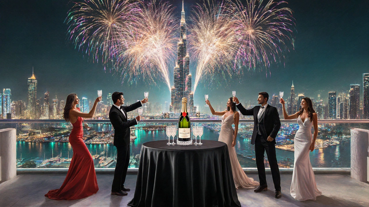 VIP table with champagne toast under fireworks beside Burj Khalifa.