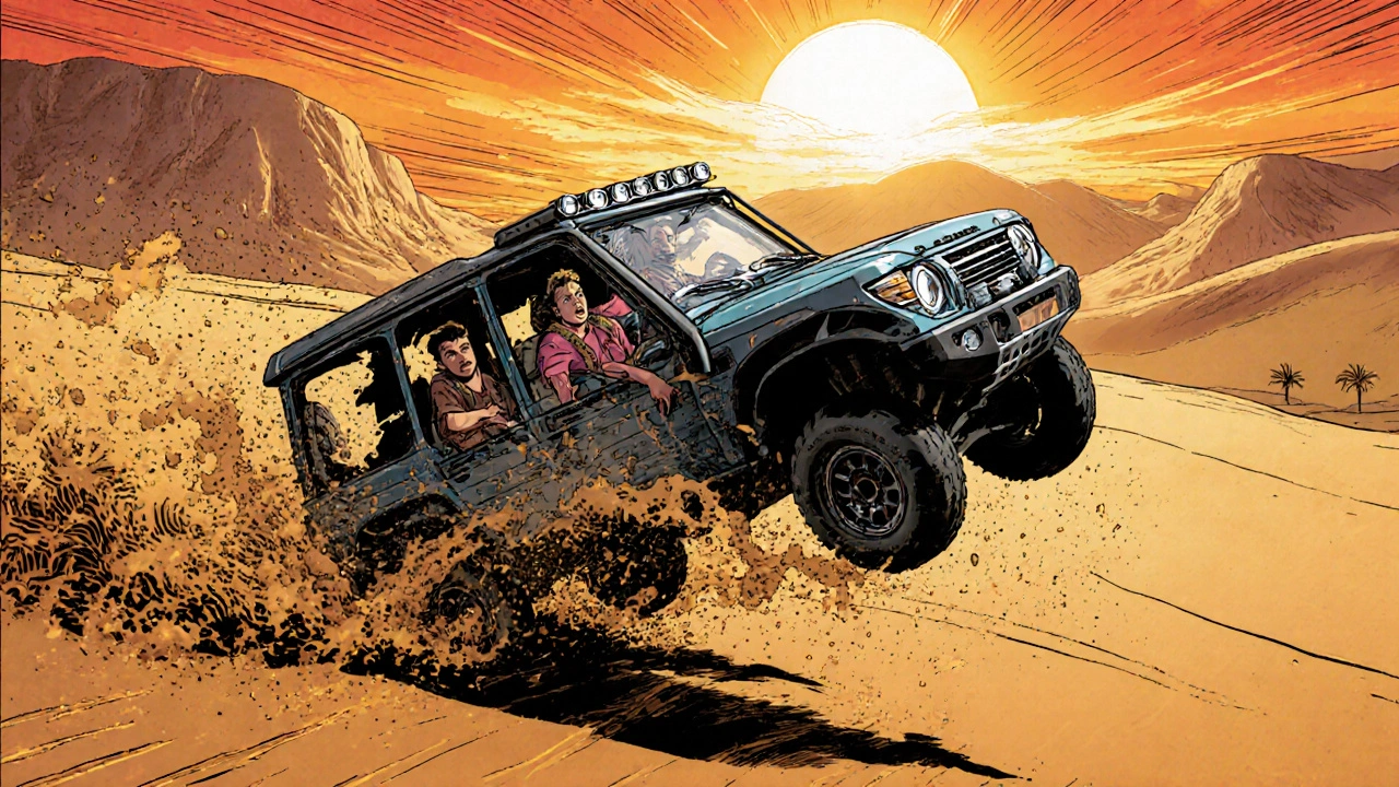 A 4x4 vehicle tilted sharply on a dune during a high-speed drop, sand flying everywhere.