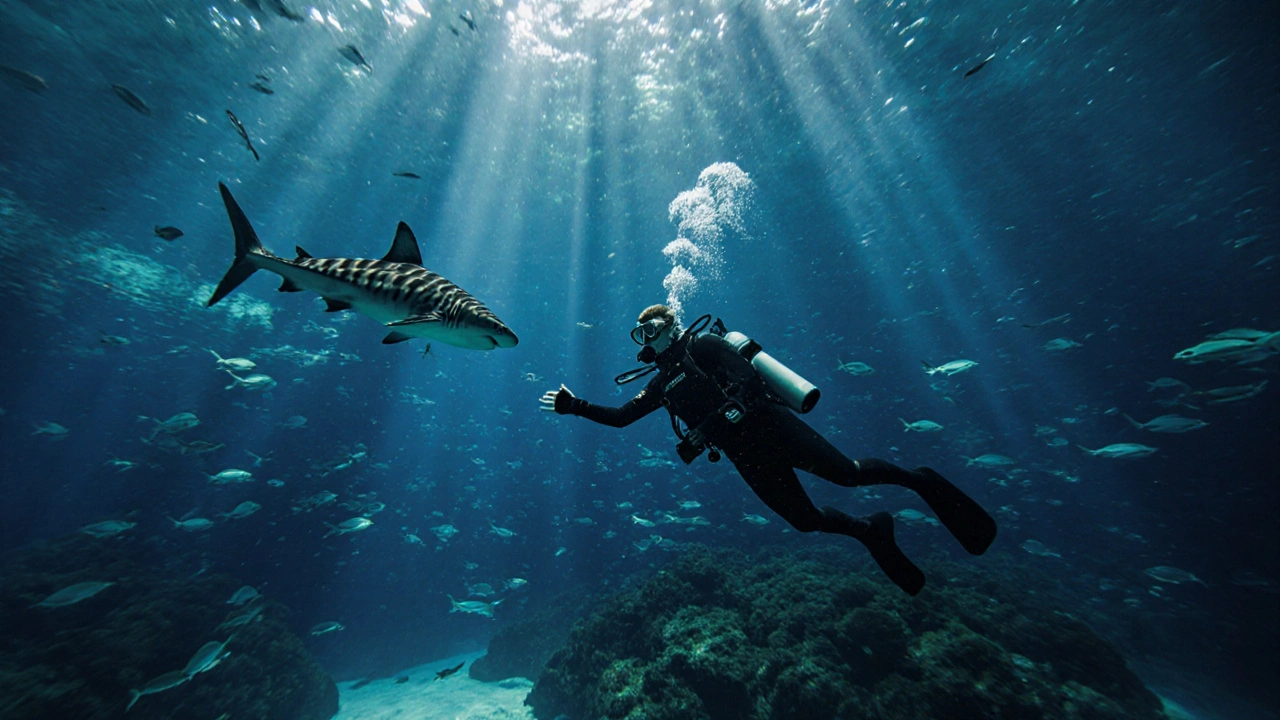 A diver surrounded by sharks and rays in clear ocean water, illuminated by soft underwater lights.