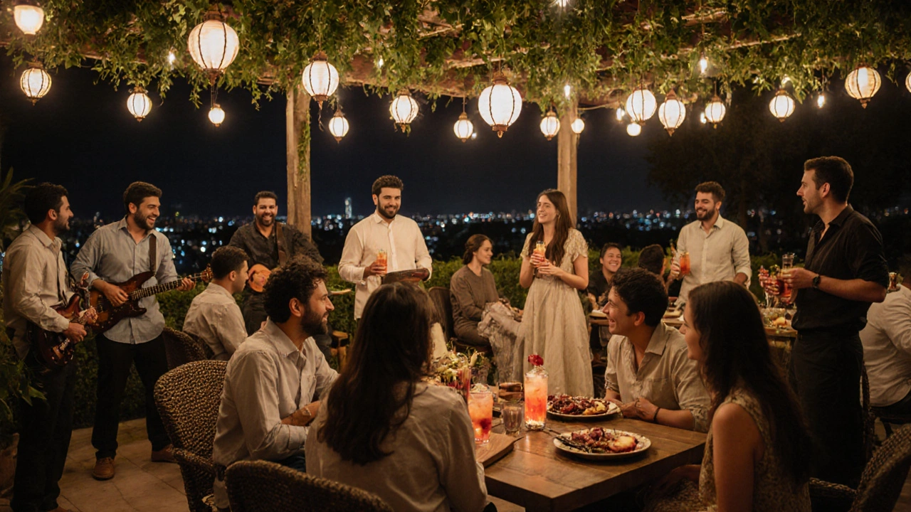 A diverse group of people enjoying music and food at a vibrant Dubai nightclub, with live instruments and cocktails under string lights.