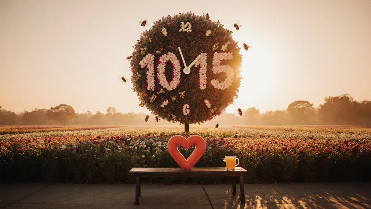 A giant floral clock at sunset with bees hovering, a heart-shaped bench nearby.