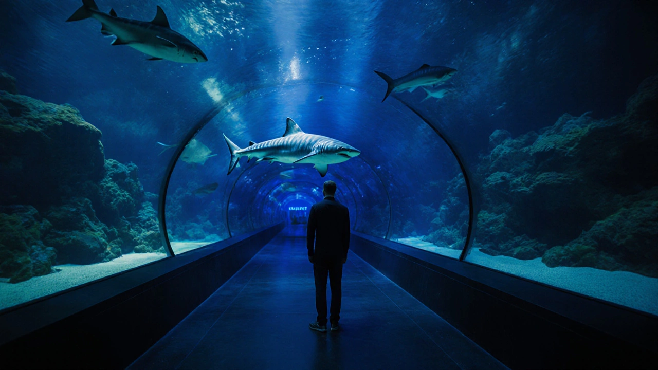 A lone man stares into the eyes of a massive tiger shark in the dimly lit Dubai Aquarium at night.