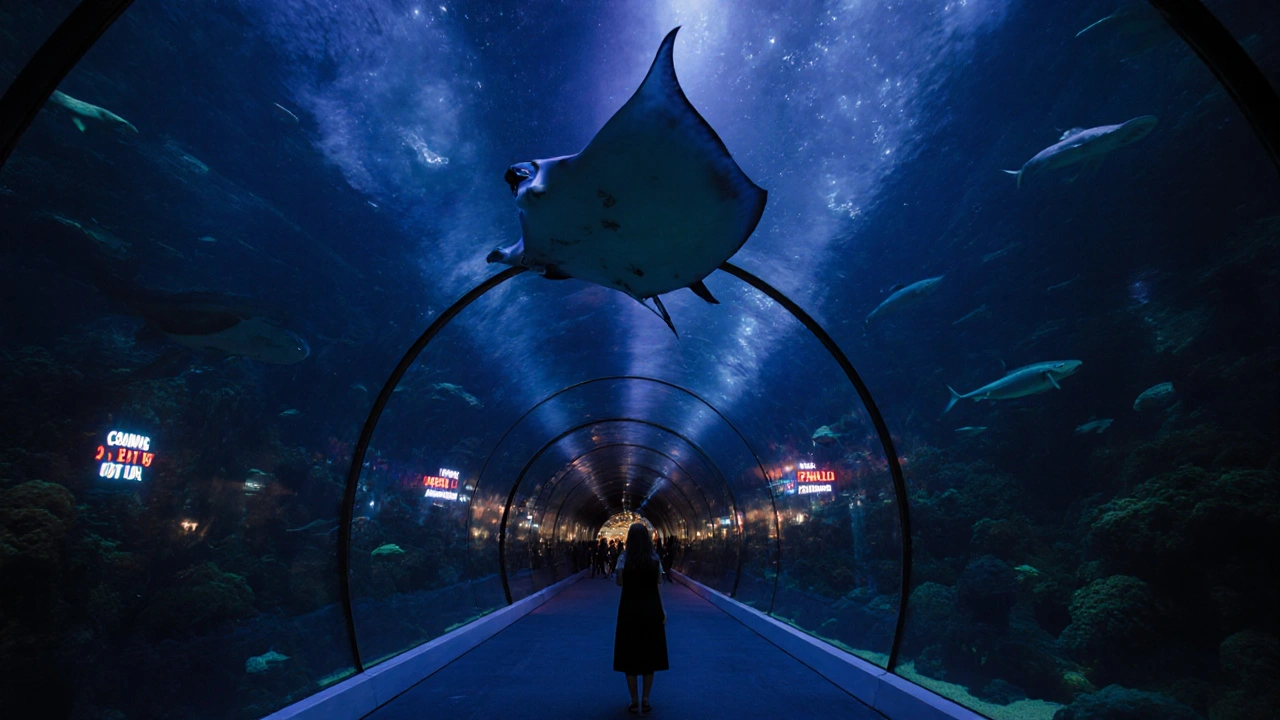 A lone visitor standing in a quiet, dimly lit aquarium tunnel as a ray glides above.