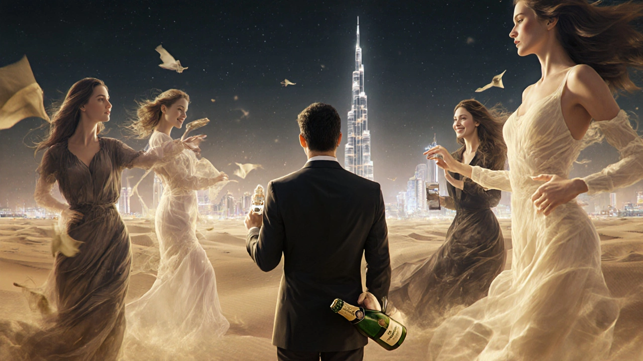 A man stands alone in desert wind holding luxury items as ghostly figures of women drift around him in surreal Dubai skyline.