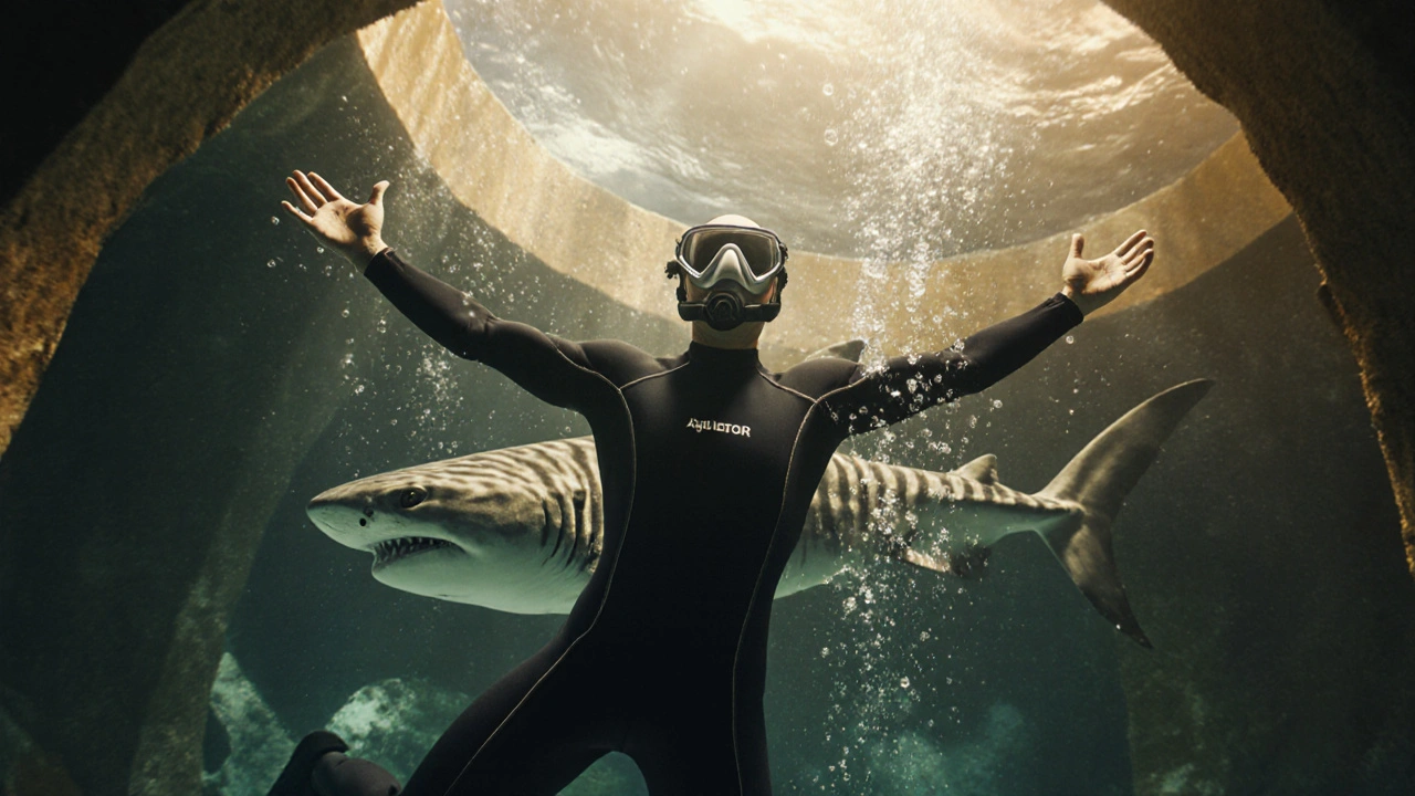 A man swims freely beside a sand tiger shark in the Dubai Aquarium, no cage, surrounded by glowing water and bubbles.