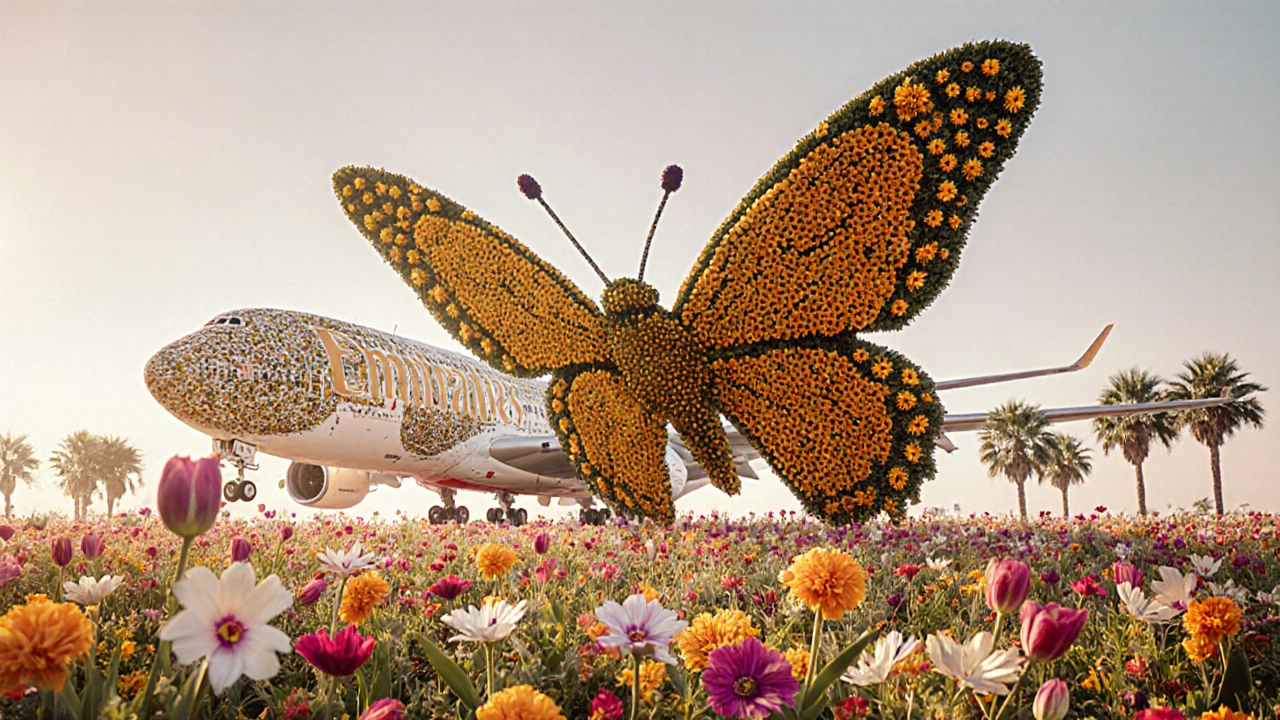 A massive butterfly sculpted from marigolds and daisies amid blooming flower tunnels.