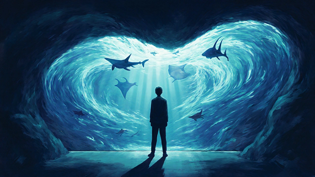 A person&#039;s silhouette merges with marine life in a symbolic representation of awe and connection to the ocean.