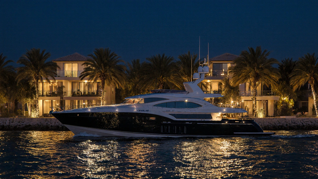 A private yacht glides past illuminated luxury villas on Palm Jumeirah at night, water reflecting golden lights.