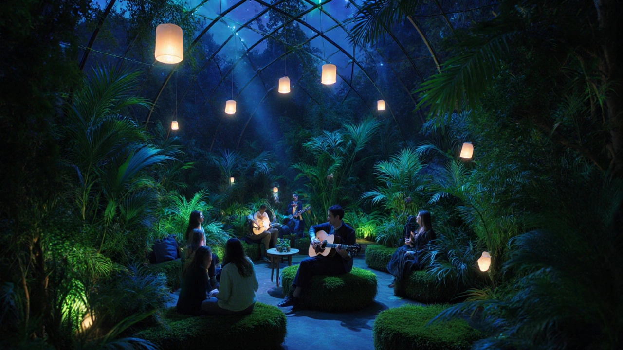 A serene bioluminescent rainforest lounge at The Green Planet, with glowing plants and soft acoustic music at night.