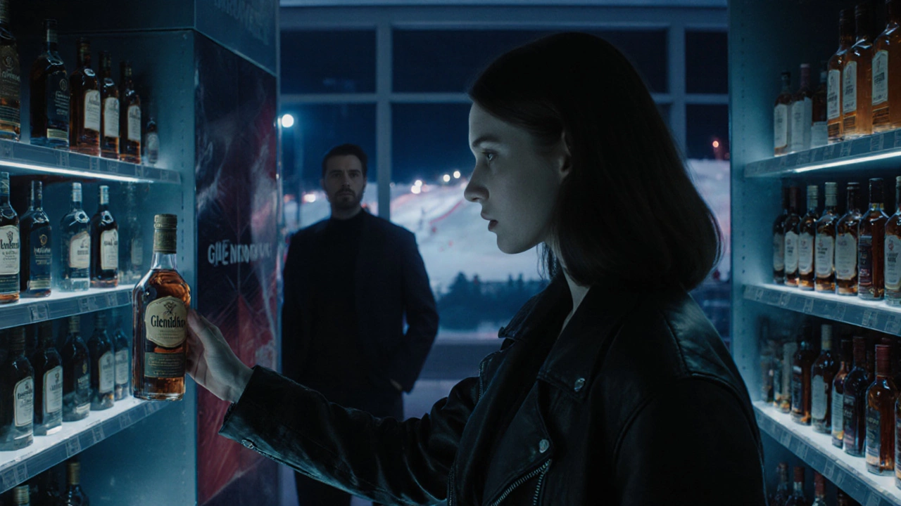 A woman in a leather jacket reaches for a bottle of whiskey in Dubai&#039;s duty-free zone, man watching from shadowed distance.