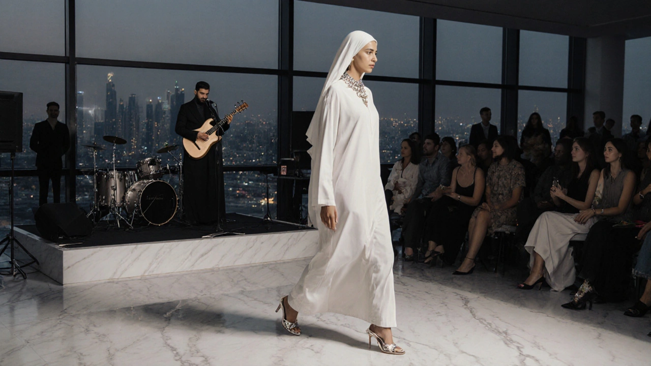 A woman in a modern abaya walking through a quiet, luxurious nightclub with live music in the background.