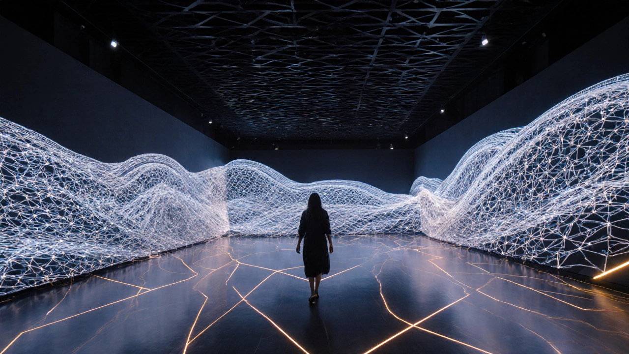 AI-generated Islamic geometric patterns ripple like waves across a dark pavilion floor in response to movement.