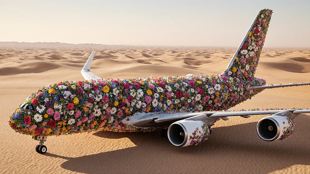 An Airbus A380 airplane completely covered in blooming flowers sits in the desert.