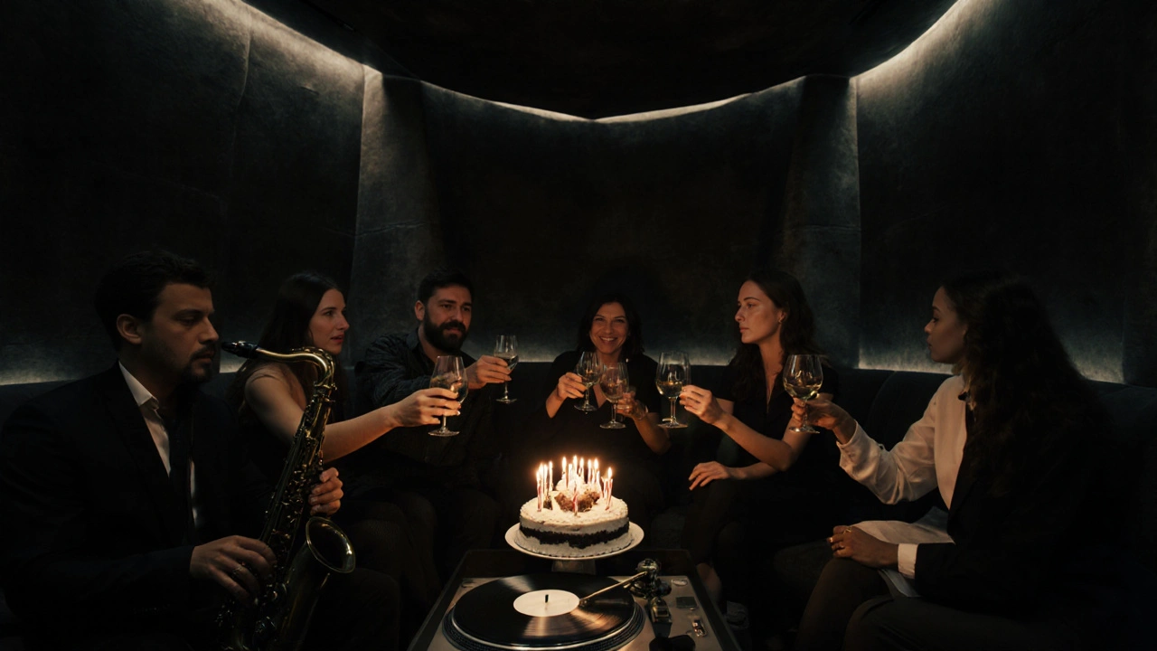 An intimate lounge at Level 43 with a saxophonist playing, a cake on the table, and moody lighting in a futuristic space.