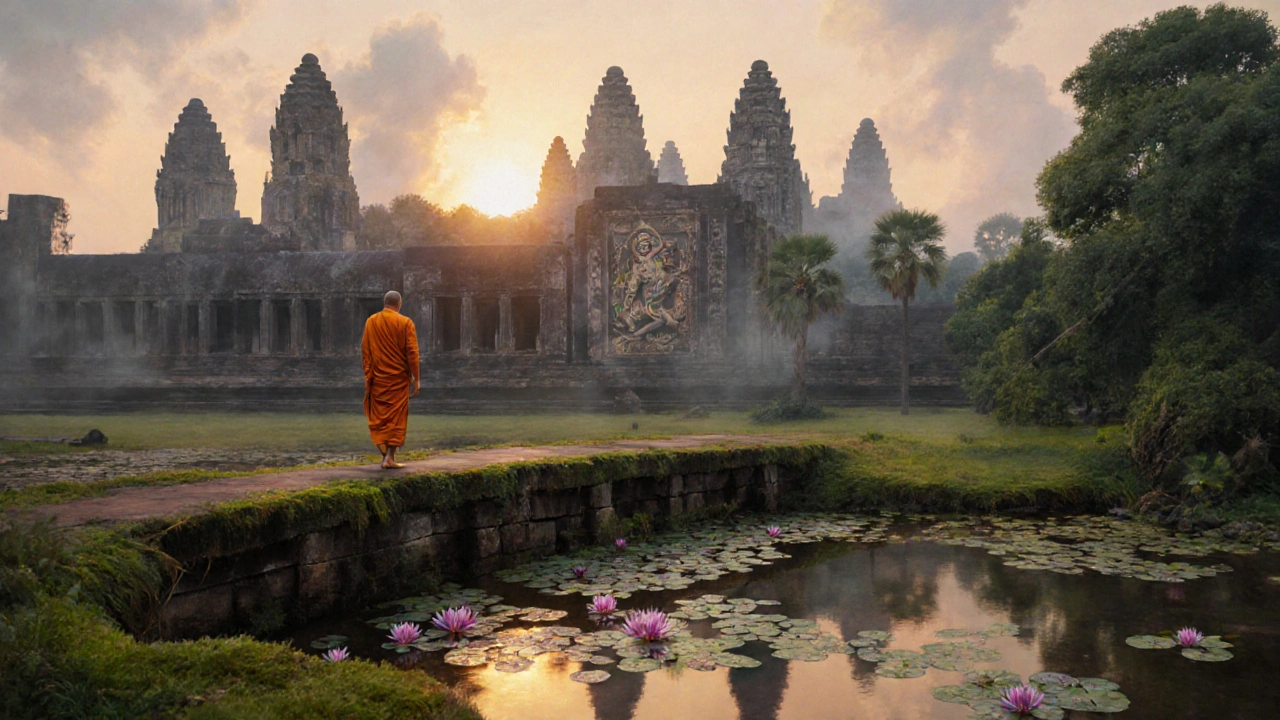 Angkor Wat at dawn, mist rising around ancient temple spires as a monk walks a mossy path among intricate stone carvings.