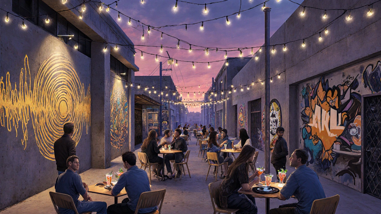 Artists and locals in Alserkal Avenue enjoying craft cocktails and live music under string lights and murals.