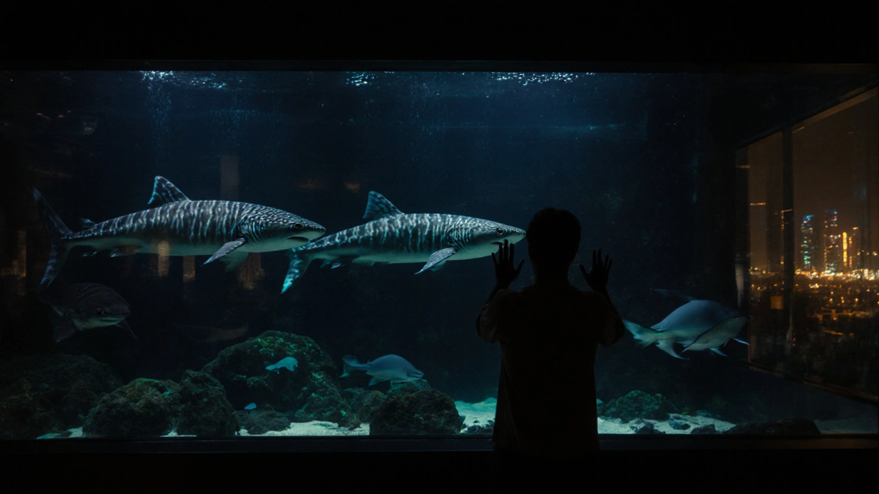 At night, sharks and rays drift silently in the darkened Dubai Aquarium as a visitor stands in awe before the glass.