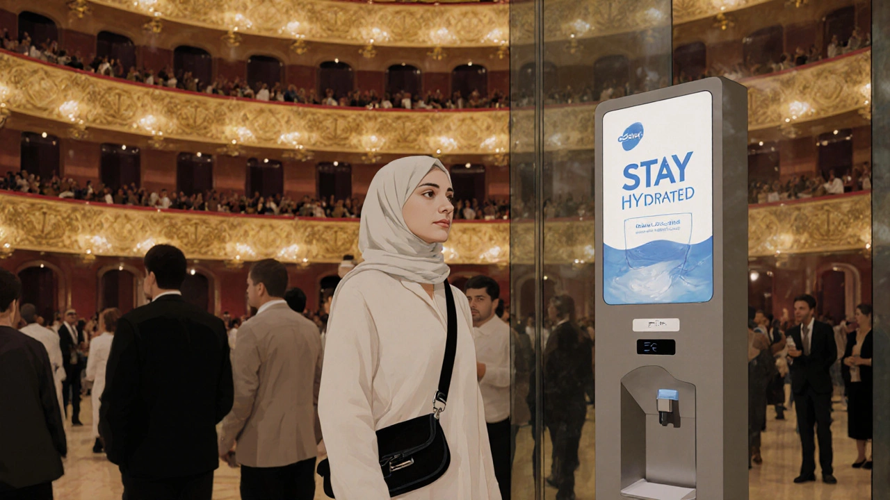 Attendee refilling water at Dubai Opera with elegant architecture and stage lights in the background.