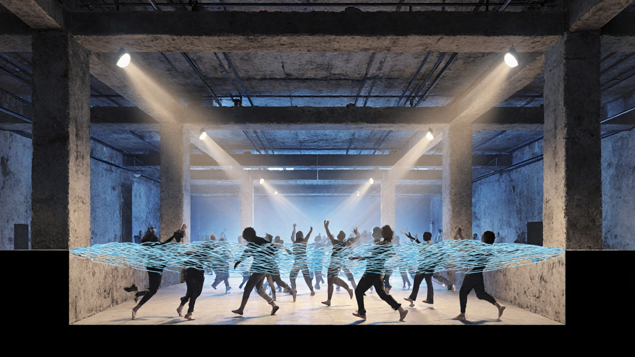 Audio wave visualization inside a club, bass traveling horizontally through dancers