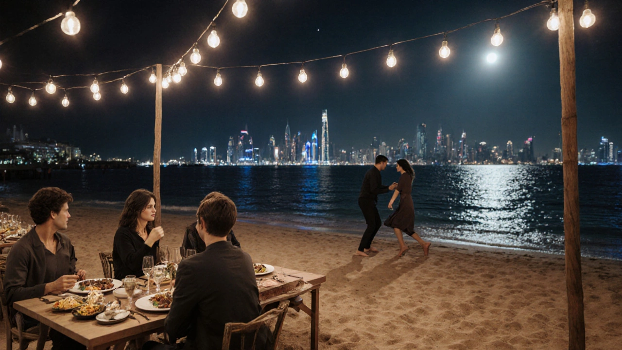 Barefoot diners enjoying midnight meal on beach under fairy lights and ocean glow